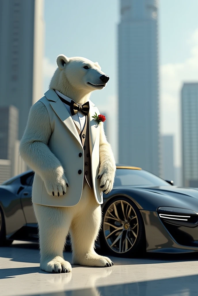 Polar bear with suit and stand next to a lucuary car