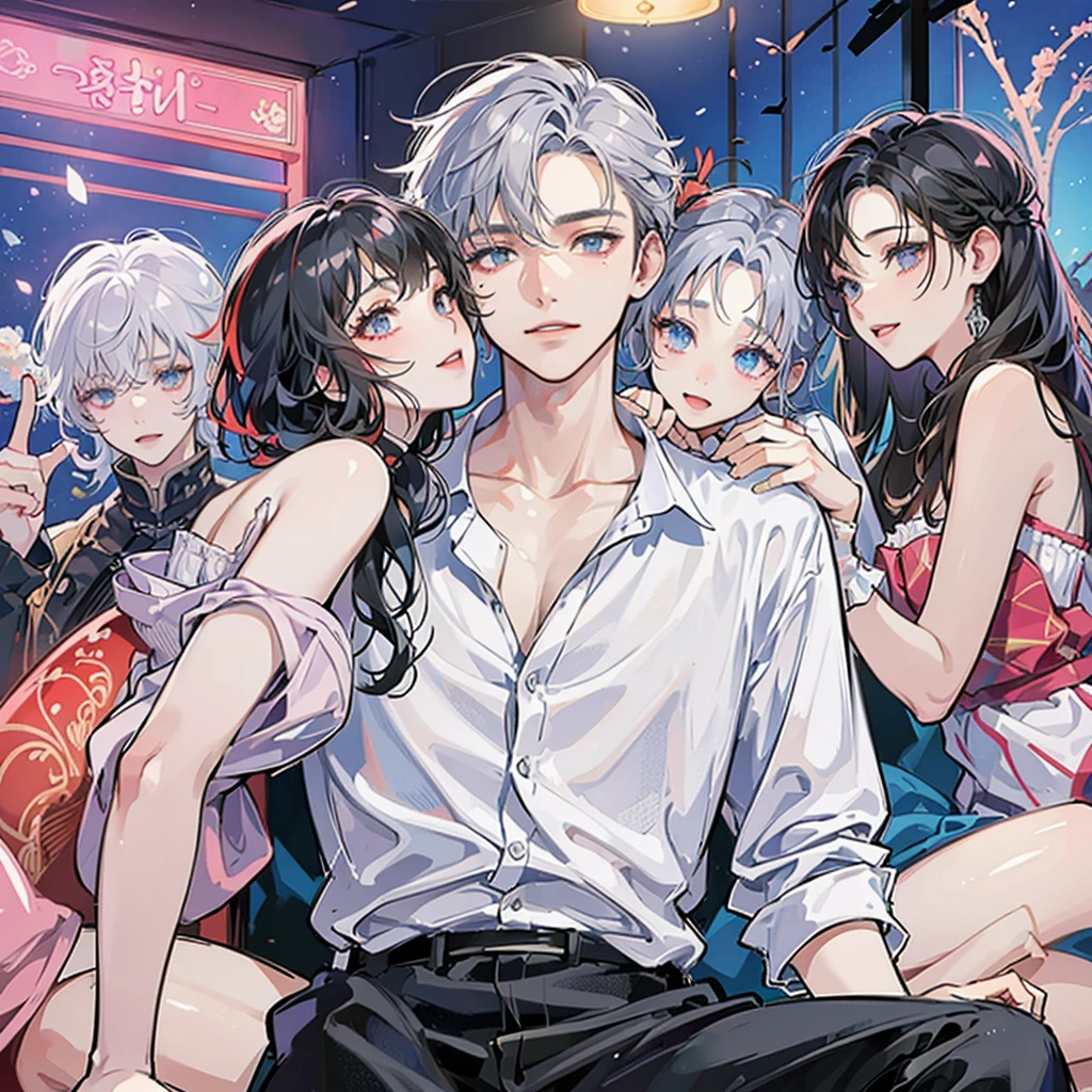 A man wears a white shirt.,short red hair,
About twenty-five years old, with short silver hair and a crazy feeling, sitting on a KTV sofa under colorful lights, with two beautiful girls sitting beside him, holding two girls, and three beautiful girls standing behind him, smiling.,
bright colors,
The drawing style is clean, the best image quality, high detail, ultra-high resolution, 8K resolution.,
Korean style manga, illustration style, two yuan, detailed lines, Chiaroscuro 00001