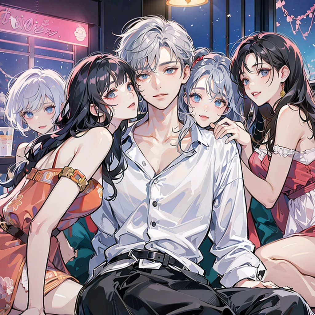 A man wears a white shirt.,short red hair,
About twenty-five years old, with short silver hair and a feeling, sitting on a KTV sofa under colorful lights, with two beautiful girls sitting beside him, holding two girls, and three beautiful girls standing behind him, smiling.,
bright colors,
The drawing style is clean, the best image quality, high detail, ultra-high resolution, 8K resolution.,
Korean style manga, illustration style, two yuan, detailed lines, Chiaroscuro 00001