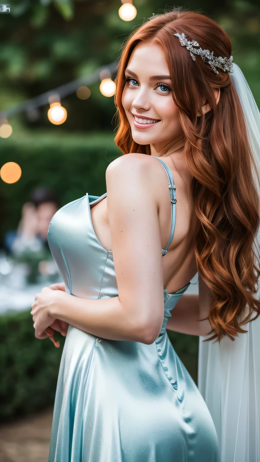 Realistic full body photo of a smiling, Young red-haired girl with long hair, She dances in front of the camera in a long two-tone A-line bridesmaid dress with straps made of shiny blue and silver satin., Park,glamour fotoshooting, Wedding celebration, perfect anatomy, perfect green eyes. Perfect hands with 5 fingers on each hand, Matching girl, looking at the camera, 1 Frau. (Eye make up:1.1), (highly detailed skin:1.1), spirit, analog style, keen focus, 8K  UHD, dslr, good quality, Fujifilm XT3, Grain, Award-winning, ​masterpiece. Wedding celebration