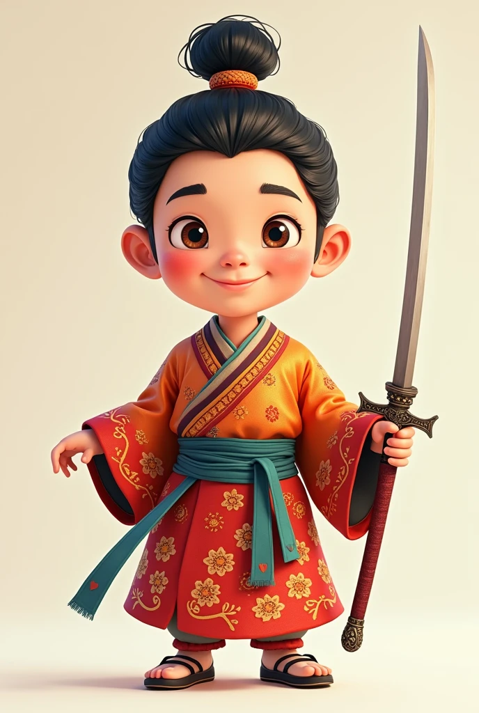 " Please design the front and back views of a traditional Korean warrior in Pixar style.. The warrior should be portrayed in a playful and lively manner.. He is wearing a hanbok, a traditional Korean costume., He is holding a sword in one hand.. His hair is in a topknot.. korean, t pose"