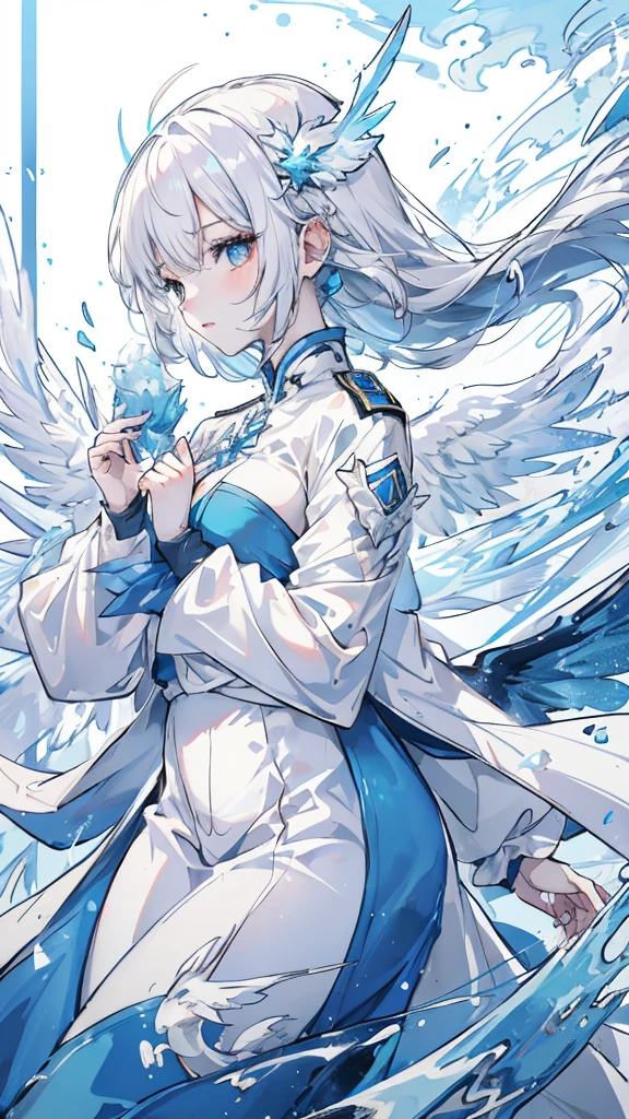 snow white hair,Blue eyes,White military uniform and light blue windbreaker,frozen dragon wings,White Ice Dragon