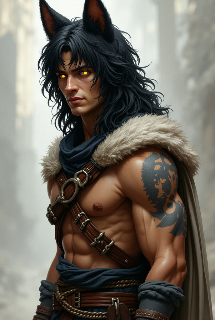 External characteristics: Ezra is a tall and strong young man with tanned skin patterned like a wolf's fur, which shows through as light grey streaks on his face and one arm. His hair is long, jet black, and slightly curly, with large black ears on top of his head. His face is sharply outlined, his eyes are yellow with a glowing light, and he often wears clothing that is in keeping with nature, such as leather clothing and equipment made from natural materials. Personality Traits: Ezra is a person with a sense of leadership and understanding. He has a high level of loyalty and will protect his friends and those he loves with all his might. Although he appears dignified and serious, he often brings humor and warmth to conversation.