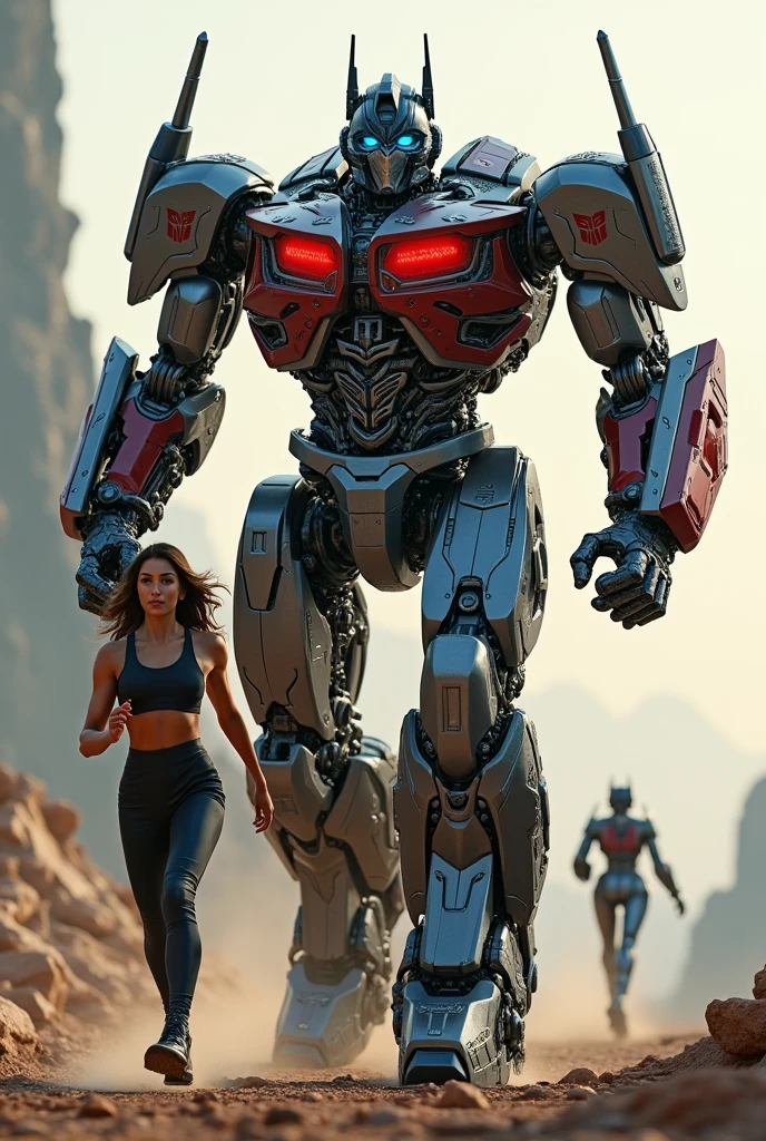 a highly detailed 3d render of Optimus Prime, a massive cybernetic robot with a futuristic mechanical body, standing next to a human woman, action pose running, hyper realistic, intricate details, cinematic lighting, glossy metallic finish, (best quality,4k,8k,highres,masterpiece:1.2),ultra-detailed,(realistic,photorealistic,photo-realistic:1.37),cinematic composition,dynamic movement,advanced materials,industrial design,science fiction,mech,robot,female character,action,running