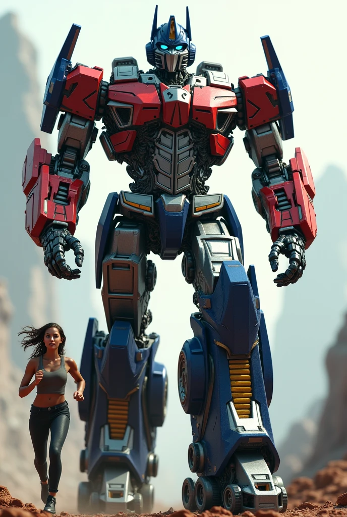 a highly detailed 3d render of Optimus Prime, a massive cybernetic robot with a futuristic mechanical body, standing next to a human woman, action pose running, hyper realistic, intricate details, cinematic lighting, glossy metallic finish, (best quality,4k,8k,highres,masterpiece:1.2),ultra-detailed,(realistic,photorealistic,photo-realistic:1.37),cinematic composition,dynamic movement,advanced materials,industrial design,science fiction,mech,robot,female character,action,running