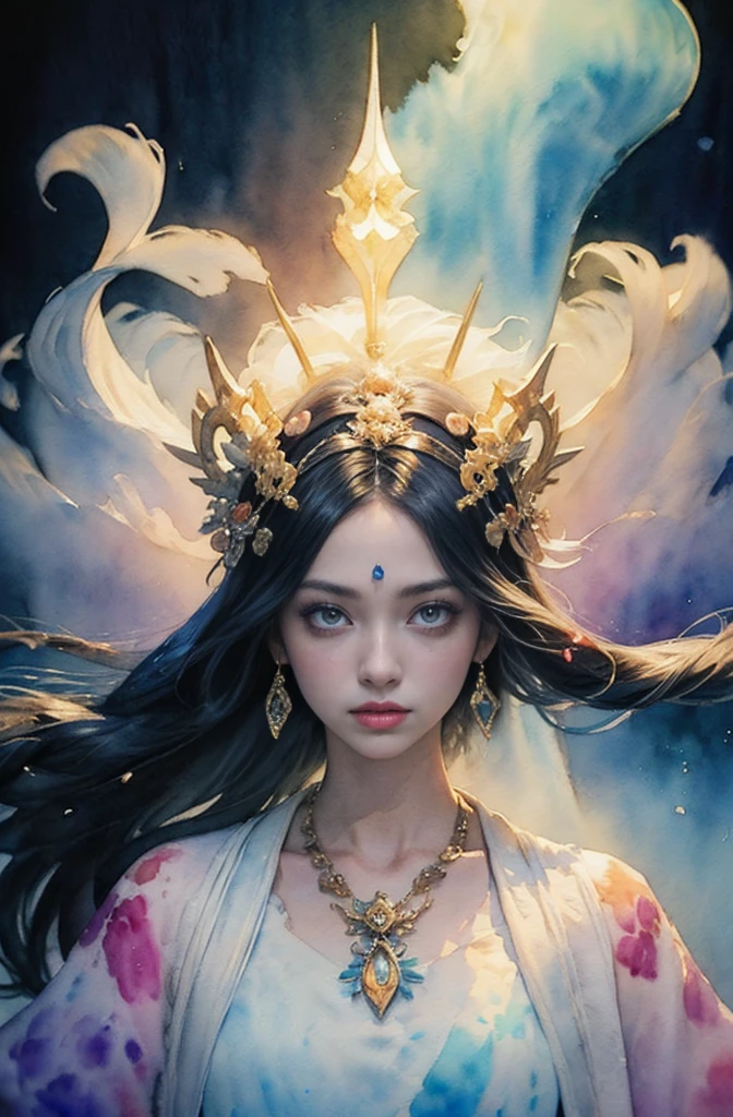 (Tabletop, Highest qualityの, Highest quality, Official Art, (beautifully、aesthetic:1.4), (Watercolor:1.4) ), (Izanami 1.5), 日本のgod話の女god, Majestic beauty, 創造の女god、生命の女god、Typically、((((Typically))))、Reincarnation Support, god'Grace, Gentle and meditative expressions, Flowing, celestial garments, Shine、Created all the landscapes and worlds on Earth, A dazzling dance of light, Whispers of Ancient Legends