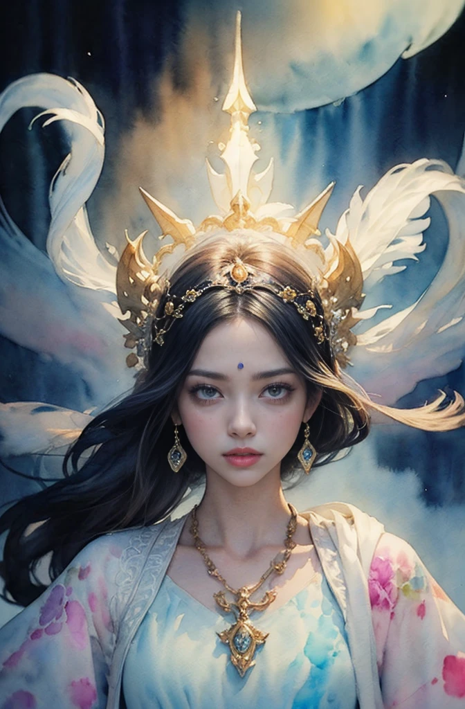 (Tabletop, Highest qualityの, Highest quality, Official Art, (beautifully、aesthetic:1.4), (Watercolor:1.4) ), (Izanami 1.5), 日本のgod話の女god, Majestic beauty, 創造の女god、生命の女god、Typically、((((Typically))))、Reincarnation Support, god&#39;Grace, Gentle and meditative expressions, Flowing, celestial garments, Shine、Created all the landscapes and worlds on Earth, A dazzling dance of light, Whispers of Ancient Legends