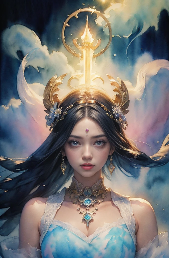 (Tabletop, Highest qualityの, Highest quality, Official Art, (beautifully、aesthetic:1.4), (Watercolor:1.4) ), (Izanami 1.5), 日本のgod話の女god, Majestic beauty, 創造の女god、生命の女god、Typically、((((Typically))))、Reincarnation Support, god'Grace, Gentle and meditative expressions, Flowing, celestial garments, Shine、Created all the landscapes and worlds on Earth, A dazzling dance of light, Whispers of Ancient Legends