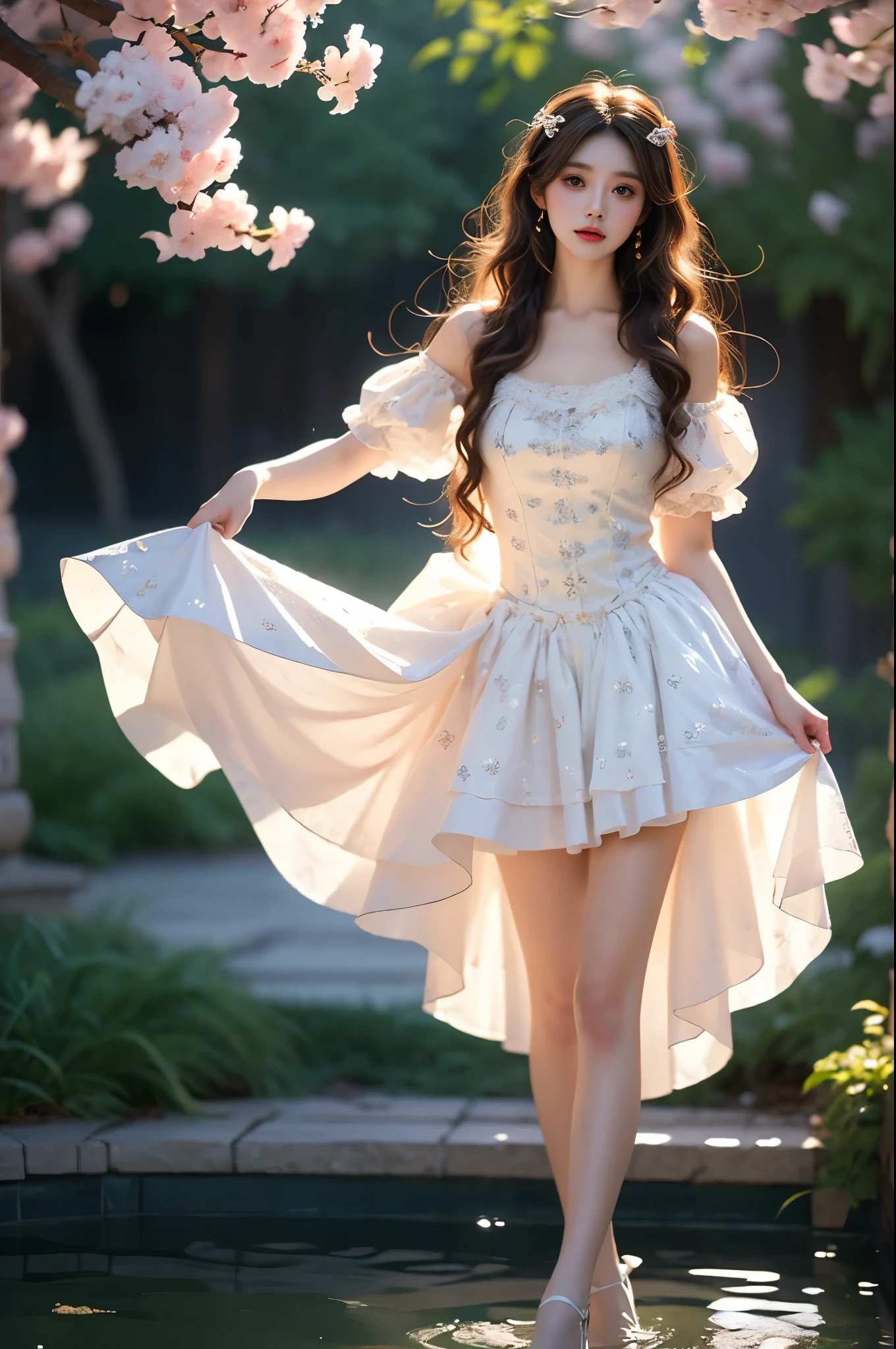 flower_dress graceful dance, She gently lifted her skirt with one hand, Long legs , In the swimming pool, ((Flowing long hair))Official Art , Unity8k Wallpaper , Extremely detailed , Visible cleavage, Pretty and beautiful , 性感Long legs, masterpiece , best quality ,Practical, Very detailed illustrations ,Extremely detailed , Intricate details , Extremely complex and detailed , Very detailed 8KCG wallpaper , Caustics .reflection , Ray Tracing , Devil theme ,nebula ,Dark aura, Network Effects , (1 girl)solitary , 小蓝Butterfly , There are dozens of monarch butterflies around , (Blue plasma flame , (insect , Butterfly)) Pastel tones in Rococo style ,Light white and light dark red , Incredibly beautiful , Cherry blossoms , Surrealism ,painting , Ethereal , Mixing reality and fantasy elements ,Ray Tracing , Complex Mode , Exquisite lines , Perfect your hands, Starry Sky , rich and colorful , Star