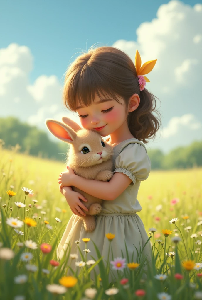 Girl、Holding a rabbit、field
