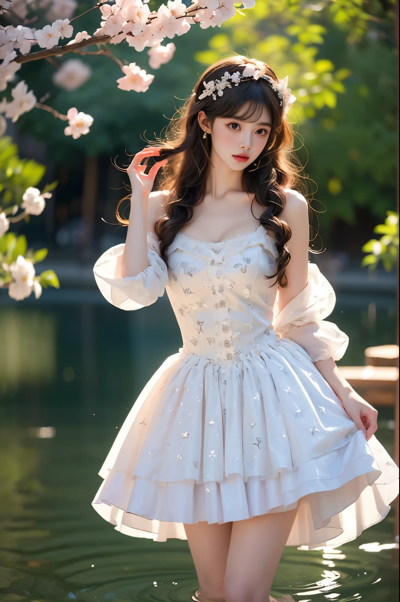 flower_dress graceful dance, She gently lifted her skirt with one hand, Long legs , In the swimming pool, ((Flowing long hair))Official Art , Unity8k Wallpaper , Extremely detailed , Visible cleavage, Pretty and beautiful , 性感Long legs, masterpiece , best quality ,Practical, Very detailed illustrations ,Extremely detailed , Intricate details , Extremely complex and detailed , Very detailed 8KCG wallpaper , Caustics .reflection , Ray Tracing , Devil theme ,nebula ,Dark aura, Network Effects , (1 girl)solitary , 小蓝Butterfly , There are dozens of monarch butterflies around , (Blue plasma flame , (insect , Butterfly)) Pastel tones in Rococo style ,Light white and light dark red , Incredibly beautiful , Cherry blossoms , Surrealism ,painting , Ethereal , Mixing reality and fantasy elements ,Ray Tracing , Complex Mode , Exquisite lines , Perfect your hands, Starry Sky , rich and colorful , Star