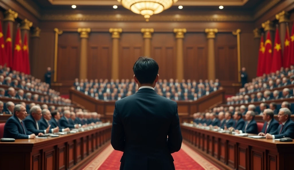 A young Asian man in a suit is speaking to politicians from various countries sitting in their seats in a huge lecture hall.，Politicians from all over the world are looking at men，No flags appear