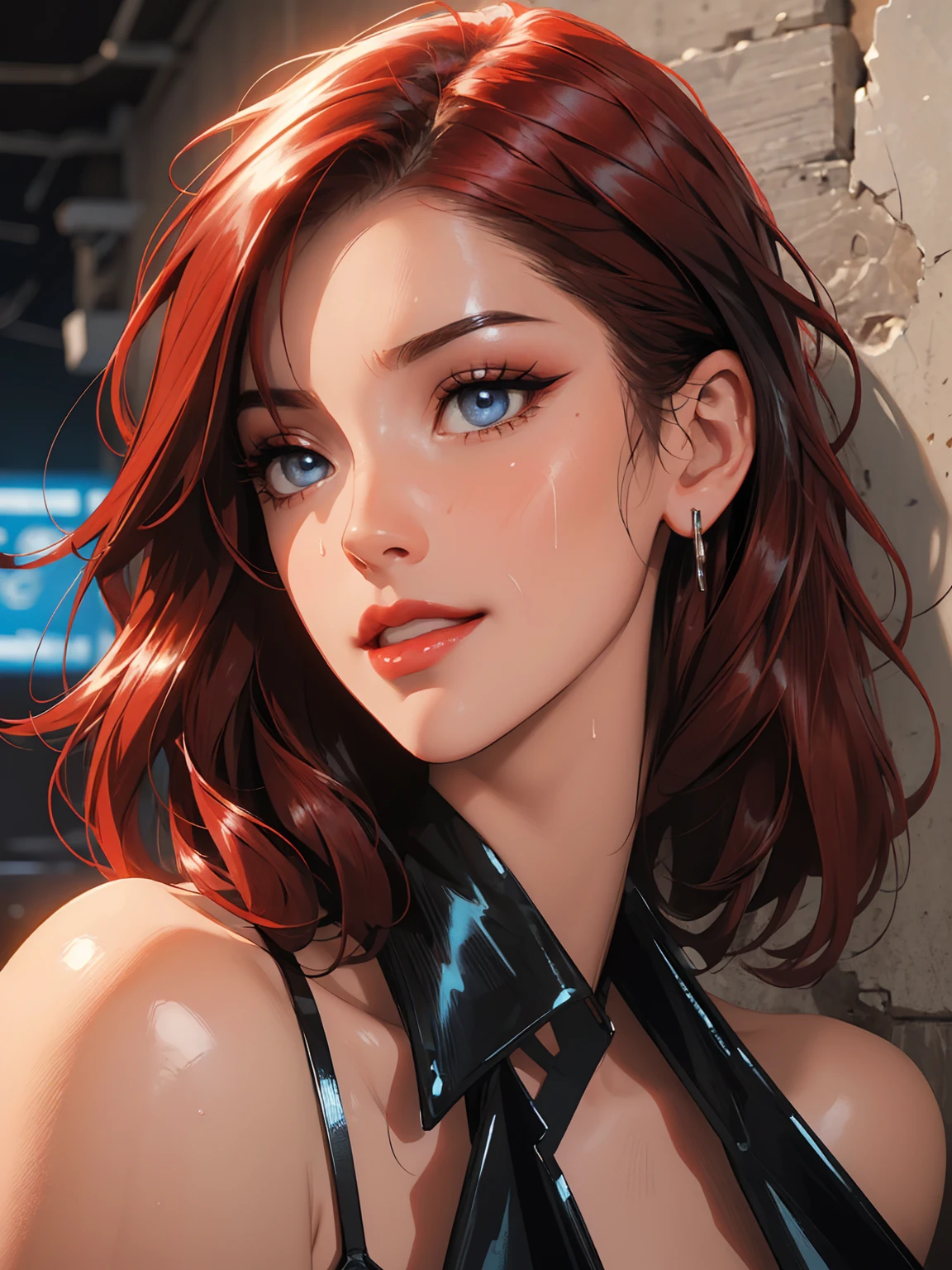 1girl,a beautiful fashion model ,(masterpiece, detailed background, best quality),short and shiny hair, red hair, hair with highlights, bangs, smirk,juicy lips,red lips, calmart, lingerie, stripping, elegant makeup, blue eyes, full body shot, (shiny skin), cyberpunk, sci fi, boa, extravagant jewelry, cocky expression, covered in jewelry, fancy, club outfit, shiny skin, wet skin. running hand through hair, leaning on wall, hair flip, sweat, dj, lights, beat spins you round