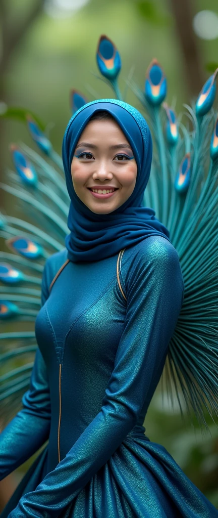 The beautiful Muslim asian adult girl with beautiful cheeks wears peacock lycra turtleneck unitard catsuit with large peacock tail and peacock lycra elastane stretchy dancewear inner hijab with peacock feather.She is happy.She always put real peacock eyeshadow makeup that are made of blue colour makeup pen.She acts a peacock.She is at Jungle.When she opens her tail beautiful.