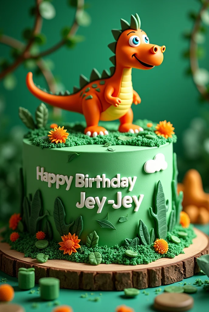 Birthday cake for a boy that says "Happy birthday Jey-Jey" with green dinosaur theme