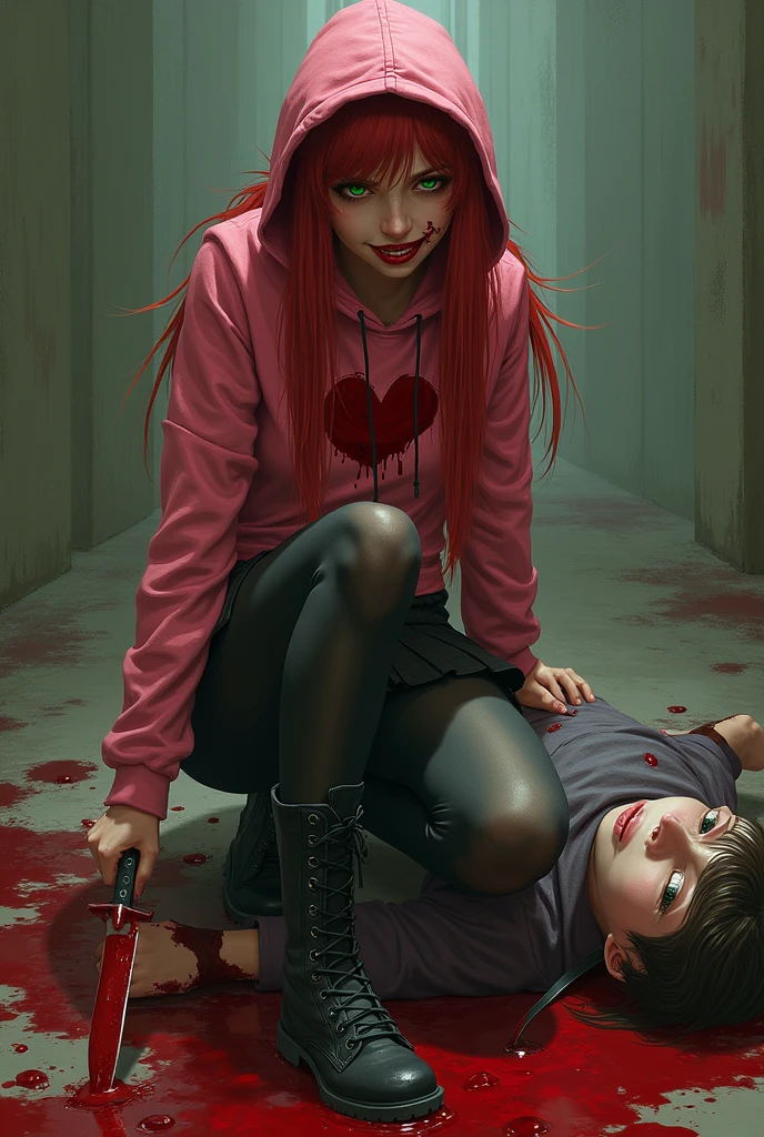 Seductive and Beautiful young woman with a soul of pure evil and hatred. Alluring green eyed, long red haired serial killer wearing a pink hoodie with a bloody heart on it, pleated skirt, tights, and combat boots. Surrounded by blood and bodies.  She attacks a man viciously, A bloody knife in her right hand. A sinister smile crosses her glossy red lips.