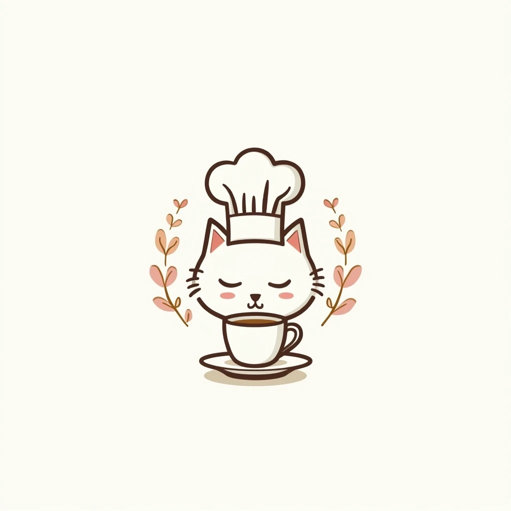create a logo with the free logo maker, cute persian cat head drinking cup of tea, professional logo design, clean logo design, logo design, logo graphic design, abstract logo, professional logo, logo conceptual design, white background, logo vector art, pink leaf, digital art logo, logo design, 3D logo, gold theme, delicate details golden stroke, Simple logo, gold foil, wearing a white cute chef toque, silhouette