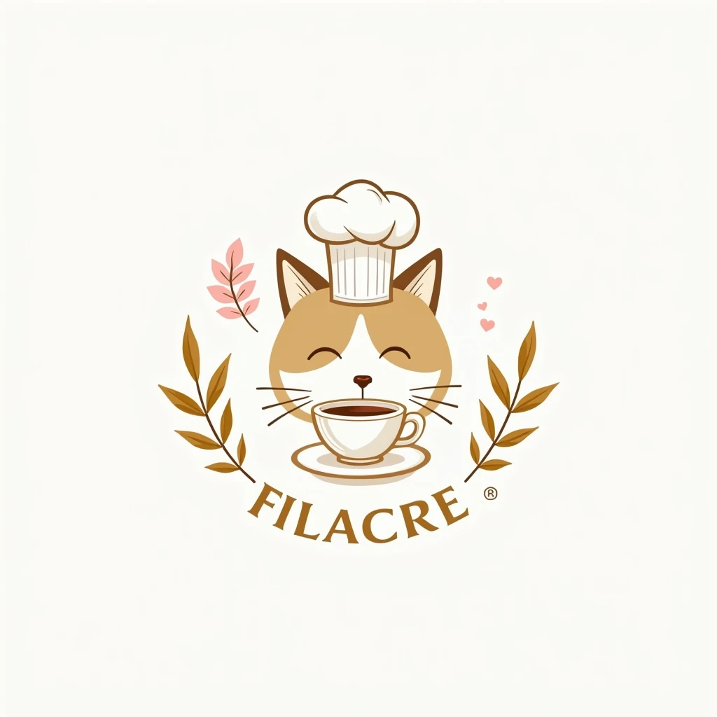 create a logo with the free logo maker, cute persian cat head drinking cup of tea, professional logo design, clean logo design, logo design, logo graphic design, abstract logo, professional logo, logo conceptual design, white background, logo vector art, pink leaf, digital art logo, logo design, 3D logo, gold theme, delicate details golden stroke, Simple logo, gold foil, wearing a white cute chef toque, silhouette