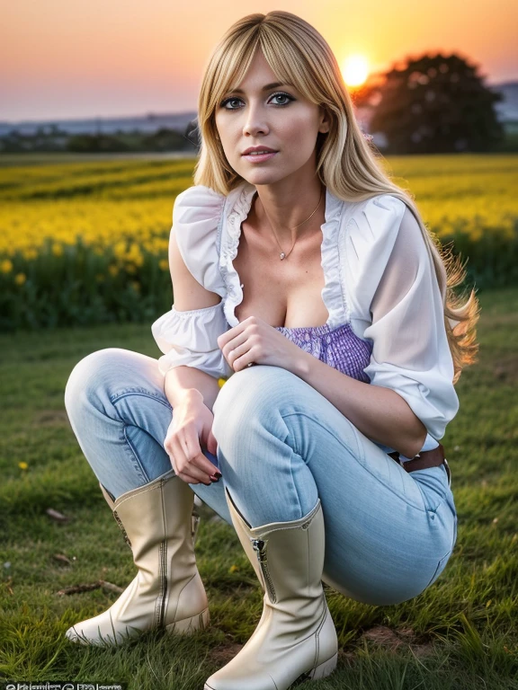 Anime style 2 female character with blond, waist-length, wavy hair, V bangs, and blue eyes, squatting in a spring field at sunset, viewed frontally. She appears tired and is panting, with sweat on her forehead, dressed in a white blouse with a chocolate-colored corset over it, skinny tight blue jeans, and high boots. The background is a vibrant spring landscape with blooming flowers, green grass, and a warm sunset glow, creating a peaceful yet dynamic setting.