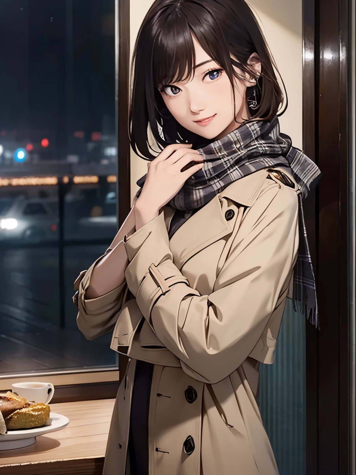 High resolution, 8k, Highest quality, detailed, Semi-realistic anime, Anime 3D Style, Smooth anime CG, One Girl, A 20-year-old Japanese woman, slim, Modeled, Shiny brown hair, detailedな顔, Beautiful and detailed, Glowing Skin, Hard Focus、Film Grain, Soft lighting, Looking at the audience, Laughter, (Woman in a trench coat and scarf), A cafe on a rainy night、City lights seen through wet glass