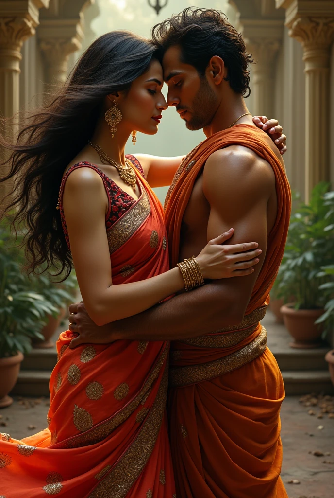 Indian traditional saree wearing beautiful old woman with long hair  seducing with young boy  passionately 