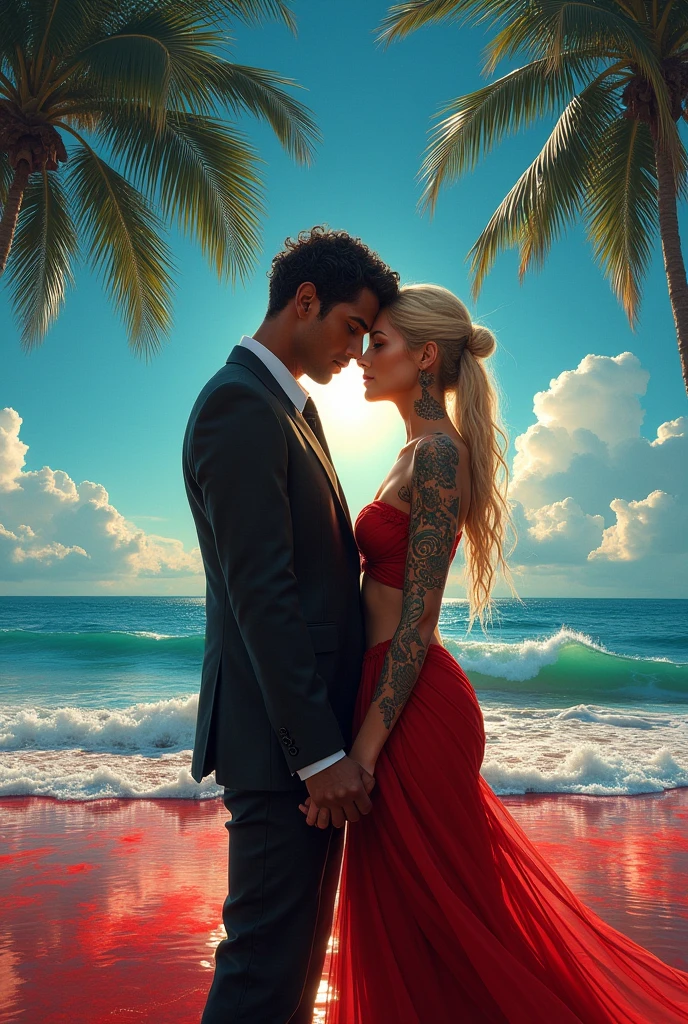 Ocean ésanglanté, palmiers, ciel bleu,
Un homme noir, brun aux yeux clairs, une femme blonde tatouage polynesiens, en tenue de soiree au bord de la mer , se donnant la main, front contre front