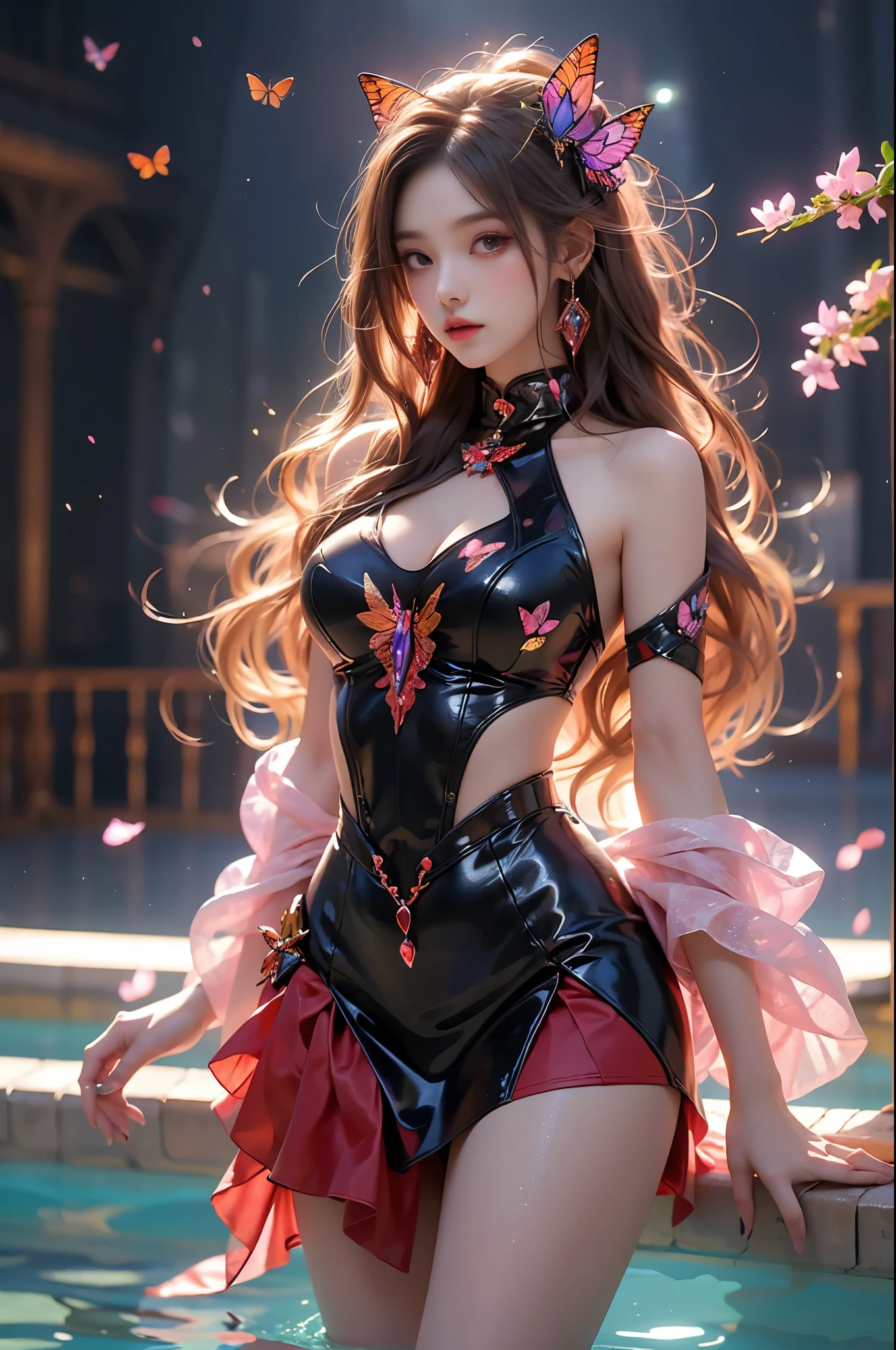  Beautiful dance, She gently lifted her skirt with one hand, Long legs , In the swimming pool, ((Flowing long hair))Official Art , Unity8k Wallpaper , Extremely detailed , Visible cleavage, Pretty and beautiful , 性感Long legs, masterpiece , best quality ,Practical, Very detailed illustrations ,Extremely detailed , Intricate details , Extremely complex and detailed , Very detailed 8KCG wallpaper , Caustics .reflection , Ray Tracing , Devil theme ,nebula ,Dark aura, Network Effects , (1 girl)solitary , 小蓝Butterfly , There are dozens of monarch butterflies around , (Blue plasma flame , (insect , Butterfly)) Pastel tones in Rococo style ,Light white and light dark red , Incredibly beautiful , Cherry blossoms , Surrealism ,painting , Ethereal , Mixing reality and fantasy elements ,Ray Tracing , Complex Mode , Exquisite lines , Perfect your hands, Starry Sky , rich and colorful , Star