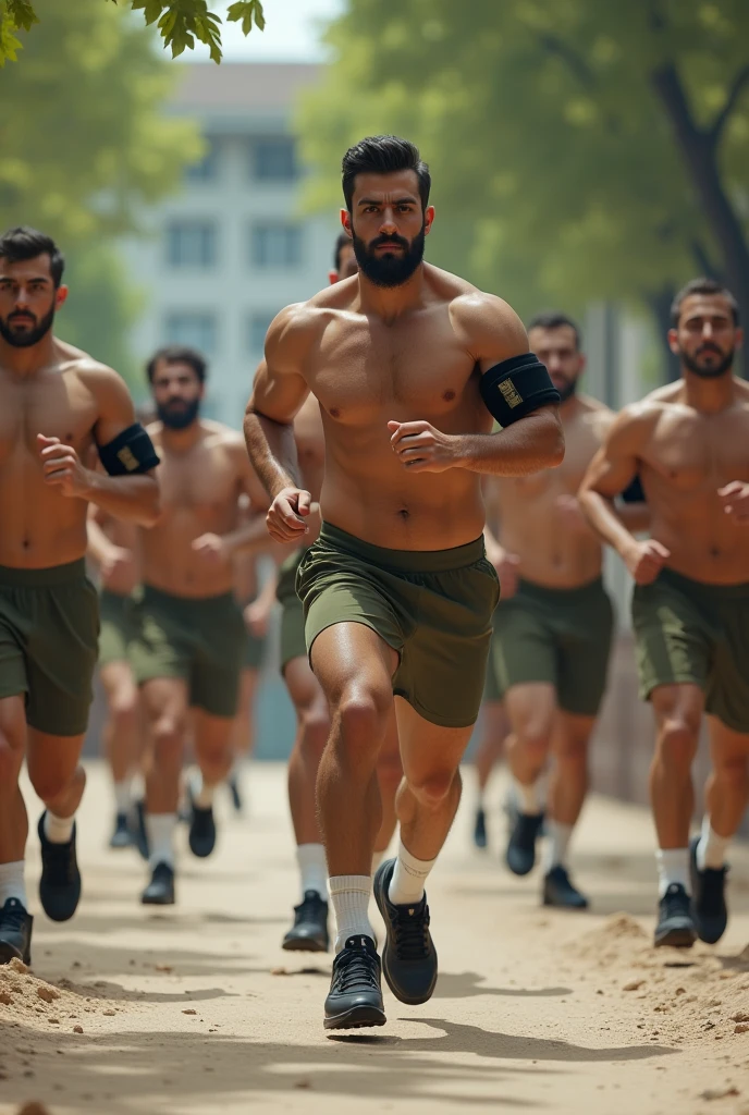 Young Iranian military men, strong, muscular, bearded, running in olive green underwear, white socks and black sneakers, with black armbands on the left arms, inside an army barracks with trees and white walls in the background.