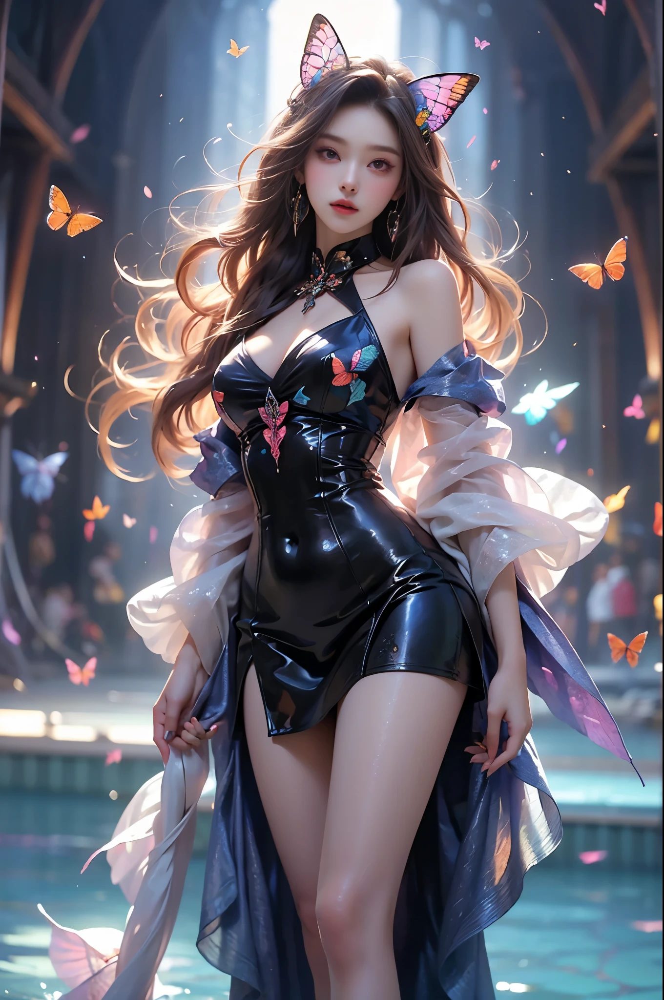  Beautiful dance, She gently lifted her skirt with one hand, Long legs , In the swimming pool, ((Flowing long hair))Official Art , Unity8k Wallpaper , Extremely detailed , Visible cleavage, Pretty and beautiful , 性感Long legs, masterpiece , best quality ,Practical, Very detailed illustrations ,Extremely detailed , Intricate details , Extremely complex and detailed , Very detailed 8KCG wallpaper , Caustics .reflection , Ray Tracing , Devil theme ,nebula ,Dark aura, Network Effects , (1 girl)solitary , 小蓝Butterfly , There are dozens of monarch butterflies around , (Blue plasma flame , (insect , Butterfly)) Pastel tones in Rococo style ,Light white and light dark red , Incredibly beautiful , Cherry blossoms , Surrealism ,painting , Ethereal , Mixing reality and fantasy elements ,Ray Tracing , Complex Mode , Exquisite lines , Perfect your hands, Starry Sky , rich and colorful , Star