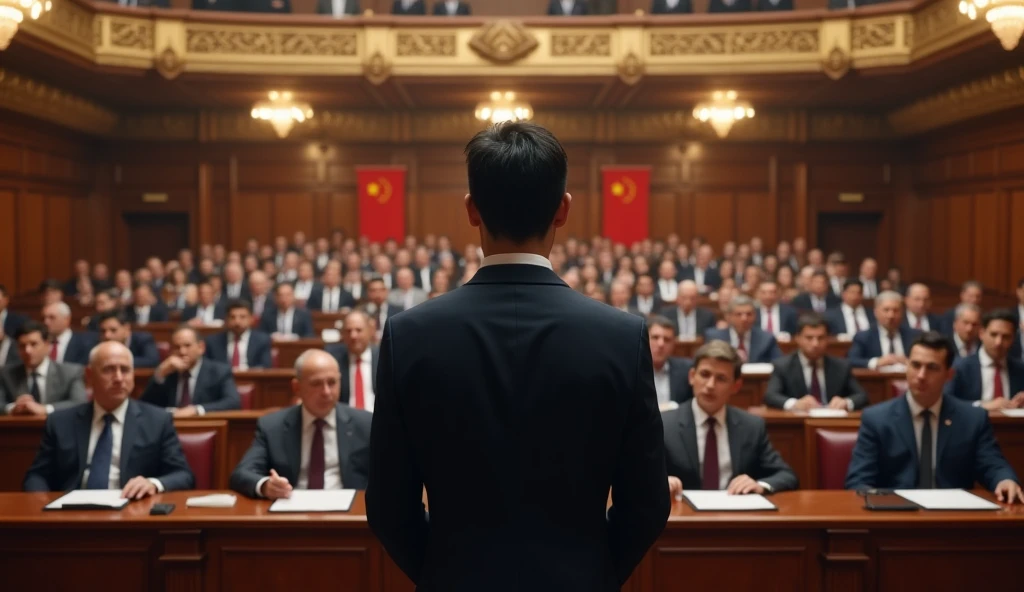 A young Asian man in a suit is speaking to politicians from various countries sitting in their seats in a huge lecture hall.，Politicians from all over the world are looking at men，No flags appear