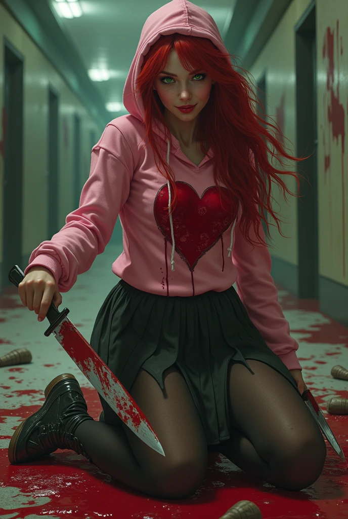 Seductive and Beautiful young woman with a soul of pure evil and hatred. Alluring green eyed, long red haired serial killer wearing a pink hoodie with a bloody heart on it, pleated skirt, tights, and combat boots. Surrounded by blood and bodies. She attacks a man viciously, A bloody knife in her right hand. A sinister smile crosses her glossy red lips.