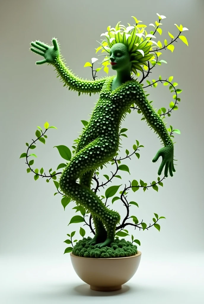 A whimsical miniature figure, crafted from a vibrant medley of green leaves, assumes a lively dancing pose atop a worn, earthy pot, surrounded by a lush forest scene awash in the soft, misty glow of rain-kissed greens and blues, evoking a sense of mythical wonder and serenity.