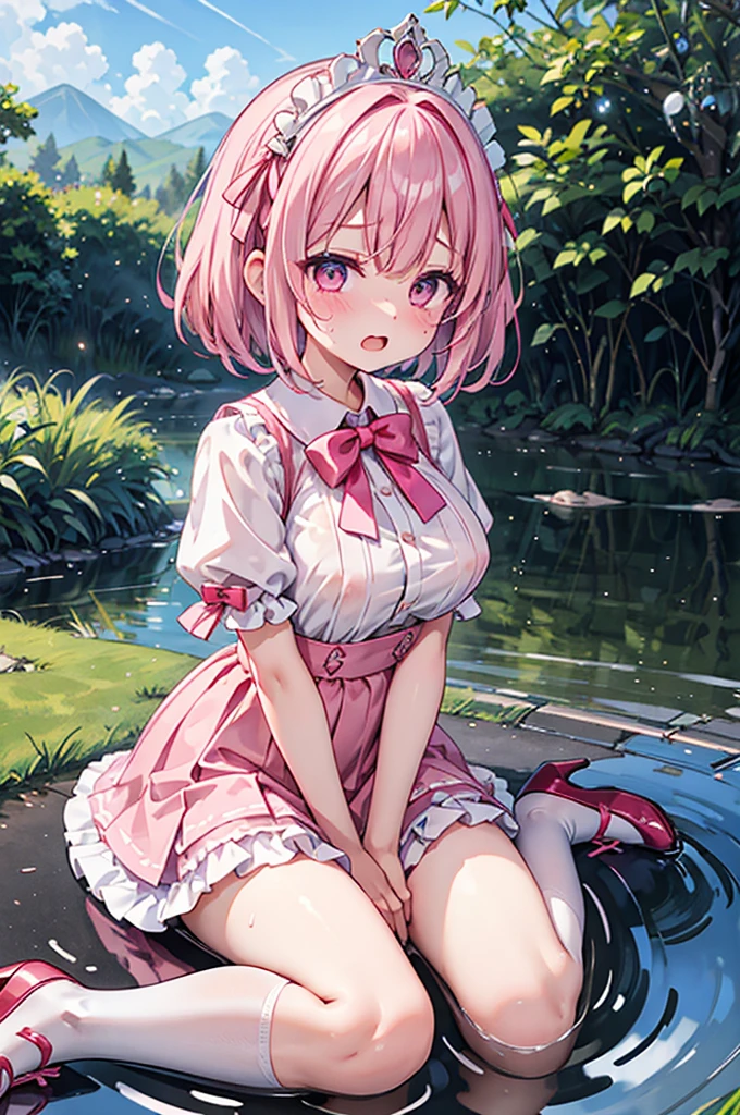 Highest quality、Shiny silk pink ribbon micro mini skirt、princess、Symmetrical outfit、Big Diamond、Large red double bow tie、White collar、White over-the-knee socks、Lace Stall、Pink high heels with ribbon、Flushed Cheeks、Embarrassed look、panic、Big Breasts、A large tiara with a pink ribbon、Short Hair、See-through、Heart symbol、No bra、Open your mouth wide、Cry、Hair blowing in the wind、Soaking wet、sitting on a puddle