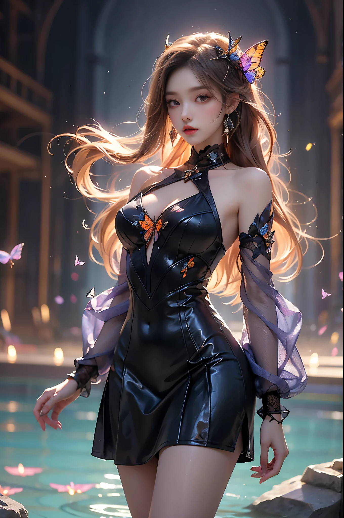  Beautiful dance, She gently lifted her skirt with one hand, Long legs , In the swimming pool, ((Flowing long hair))Official Art , Unity8k Wallpaper , Extremely detailed , Visible cleavage, Pretty and beautiful , 性感Long legs, masterpiece , best quality ,Practical, Very detailed illustrations ,Extremely detailed , Intricate details , Extremely complex and detailed , Very detailed 8KCG wallpaper , Caustics .reflection , Ray Tracing , Devil theme ,nebula ,Dark aura, Network Effects , (1 girl)solitary , 小蓝Butterfly , There are dozens of monarch butterflies around , (Blue plasma flame , (insect , Butterfly)) Pastel tones in Rococo style ,Light white and light dark red , Incredibly beautiful , Cherry blossoms , Surrealism ,painting , Ethereal , Mixing reality and fantasy elements ,Ray Tracing , Complex Mode , Exquisite lines , Perfect your hands, Starry Sky , rich and colorful , Star