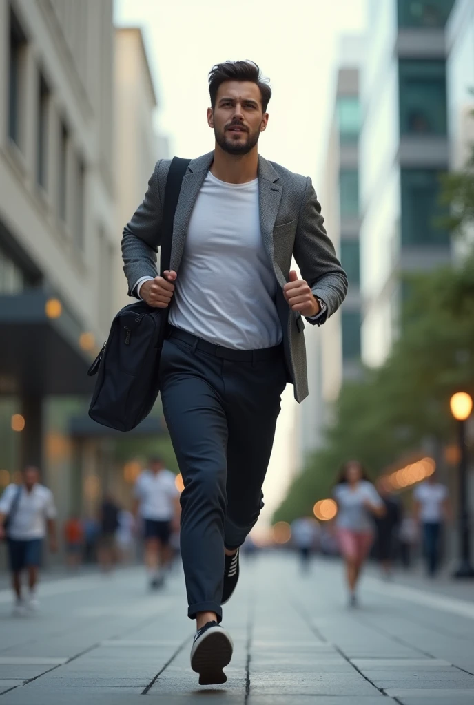A 24 year boy running for investment with hand laptop bag
