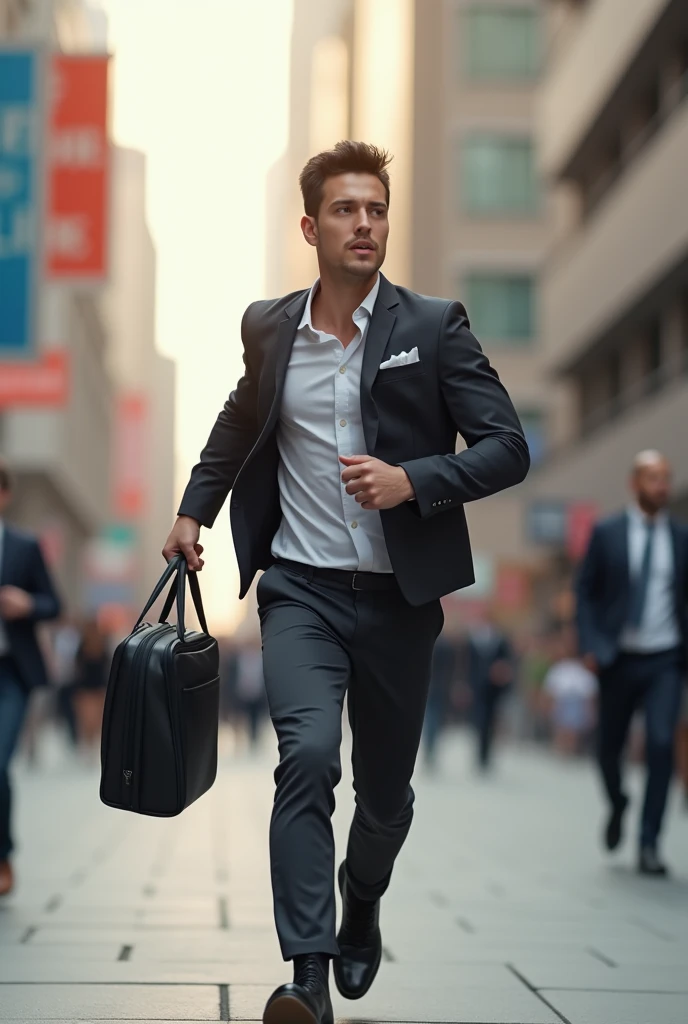 A 24 year boy running for investment with hand laptop bag 