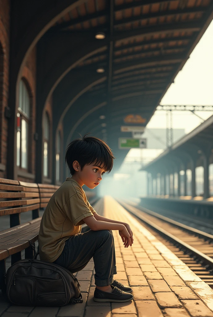 a boy sitting on train station with bag