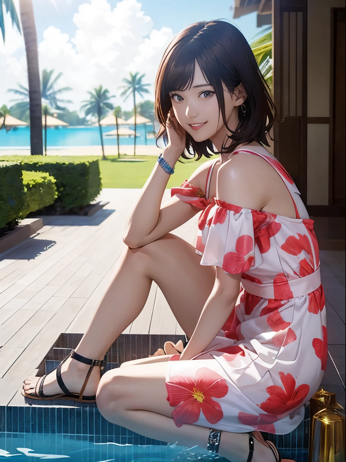Masterpiece, Top Quality, Young Girl, Japan Girl, Realistic, Pretty, Pretty Girl, Delicate Girl, Double and Large Eyes, Eyes Red, Big Mouth, Thick Lips, Bob Cut and Color Silver, Outstanding Style, 18 Years Old, White Themed, Bikini, Floral,