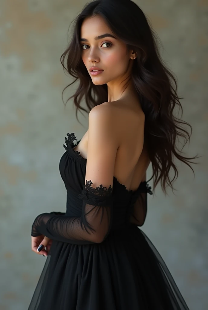 Create a beautiful girl wearing black dress rounded face white skin Indian girl 24