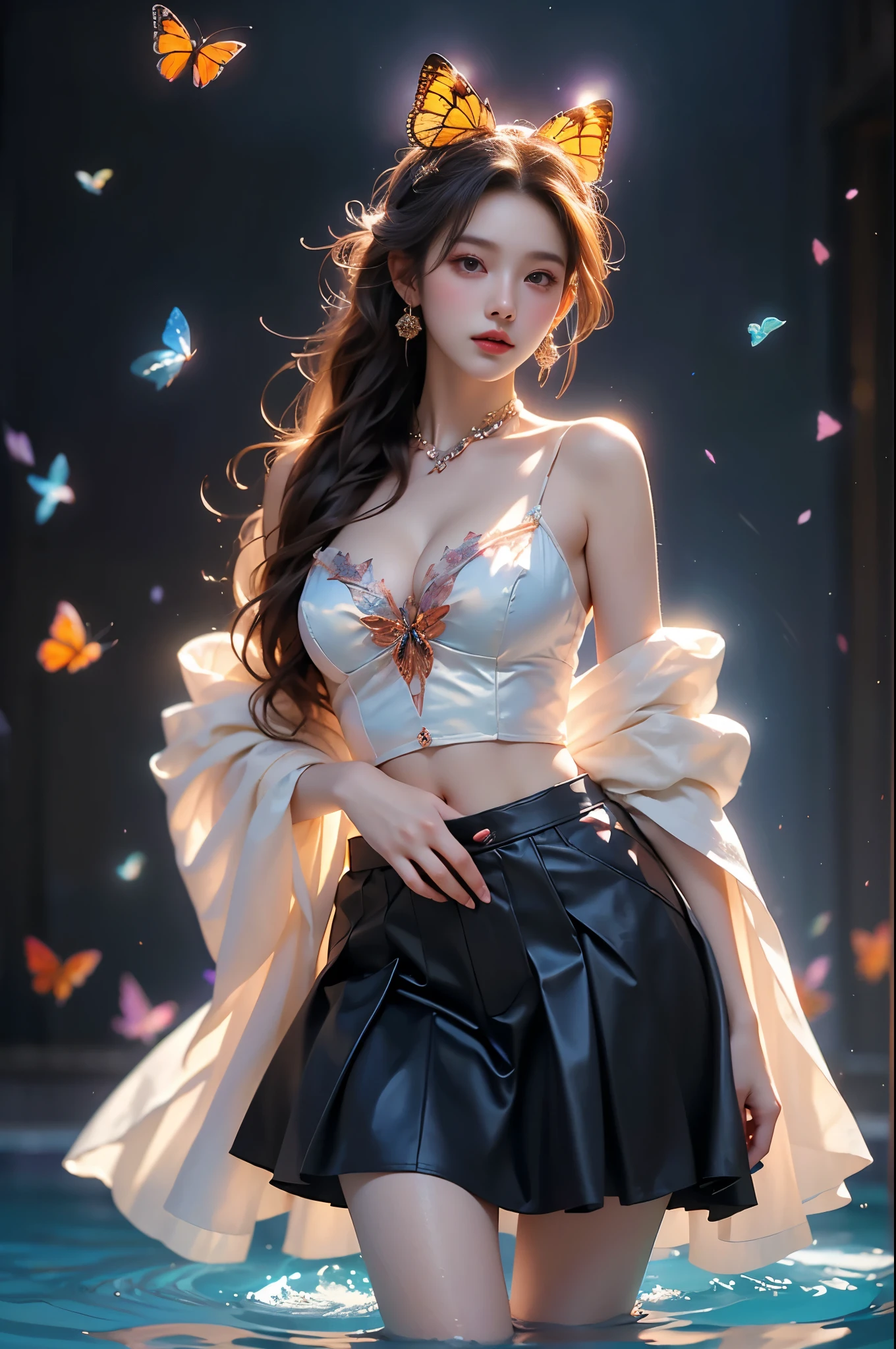  Beautiful dance, She gently lifted her skirt with one hand, Long legs , In the swimming pool, ((Flowing long hair))Official Art , Unity8k Wallpaper , Extremely detailed , Visible cleavage, Pretty and beautiful , 性感Long legs, masterpiece , best quality ,Practical, Very detailed illustrations ,Extremely detailed , Intricate details , Extremely complex and detailed , Very detailed 8KCG wallpaper , Caustics .reflection , Ray Tracing , Devil theme ,nebula ,Dark aura, Network Effects , (1 girl)solitary , 小蓝Butterfly , There are dozens of monarch butterflies around , (Blue plasma flame , (insect , Butterfly)) Pastel tones in Rococo style ,Light white and light dark red , Incredibly beautiful , Cherry blossoms , Surrealism ,painting , Ethereal , Mixing reality and fantasy elements ,Ray Tracing , Complex Mode , Exquisite lines , Perfect your hands, Starry Sky , rich and colorful , Star