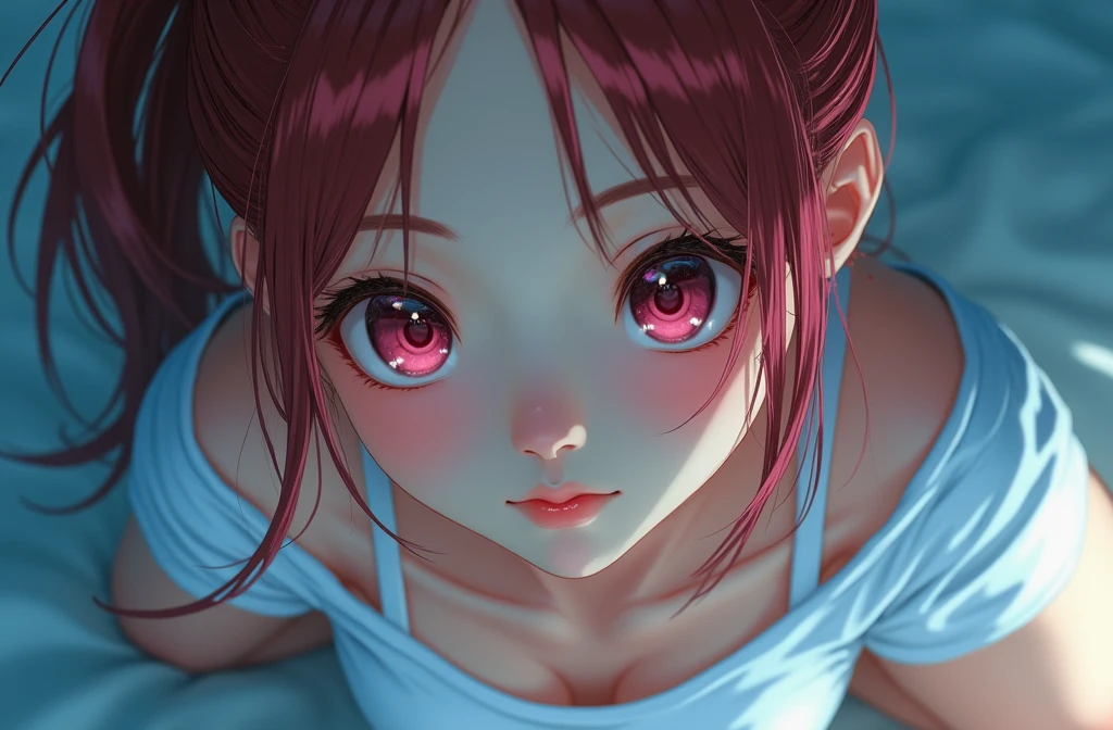 lzzang-6500v1.1, (original: 1.2), (realistic: 1.3) (mixed Thai), Highly detailed illustrations of realistic photos of beautiful girl with beautiful details, extremely detailed eyes and face, eyes with beautiful details, beautiful woman, 1 girl, Thai asian woman, Macro closeup portrait photo of ,(dinamic pose:1.3), ultra-detailed, sharp focus, rule of thirds, japanese mixed, (japanese idol), (smile:1.2), Big breasts, shiny skin, clear skin, squat, spread legs, (from head to legs:1.2), light pink eyes, light Red hair, see-through-bang-hair, long hair, hair-band, open stomach, open shoulders, (white off-shoulder T-shirt), white panties, (thin arms, slender:1.4), (on a stage:1.3), Extraordinarily detailed face, detailed lips, Detailed eyes, Double eyelids, Ultra Sharp Focus, Vivid Colors, High QualityFocus, Vivid Colors, High Quality