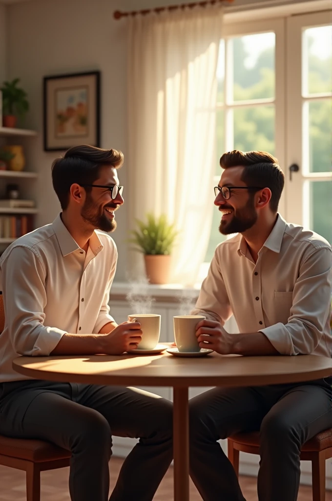 2 guys drinking coffee at home