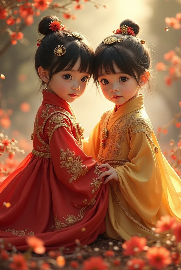 Twin boy, (((gold and red dress))), flowers, jewelry, long sleeves, wide sleeves, chinese clothes, hanfu, embroidery, long skirt, long flowing hair, detailed face, detailed beautiful eyes, (intricate:1.3), (arcane aura:1.2), (dreamlike:1.3), (subtle mist:1.1),(vibrant colors:1.2), (detailed hair:1.3), (ultra realistic details:1.5),
