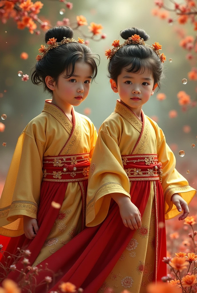 Twin boy, (((gold and red dress))), flowers, jewelry, long sleeves, wide sleeves, chinese clothes, hanfu, embroidery, long skirt, long flowing hair, detailed face, detailed beautiful eyes, (intricate:1.3), (arcane aura:1.2), (dreamlike:1.3), (subtle mist:1.1),(vibrant colors:1.2), (detailed hair:1.3), (ultra realistic details:1.5),