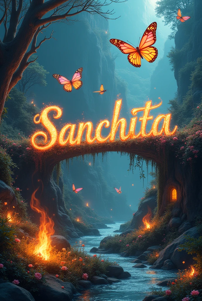 Disgn a name ( sanchita) with butiful watery fire and flowers in an imaginary world with scary fires and giant butterfly
