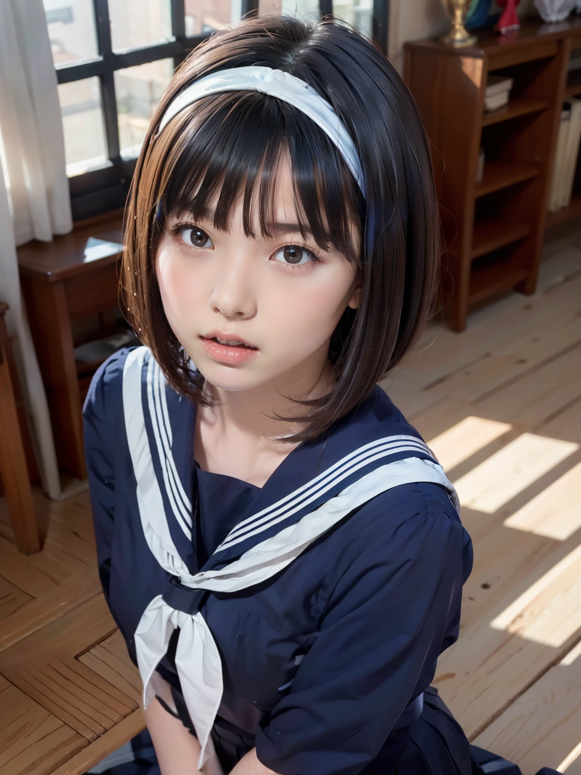 sailor suit, 8k, highest quality, masterpiece, Super detailed, ultra high resolution, realistic, RAW photo, absolute resolution, face is small compared to body, very small face, black hair,  navy blue sailor uniform, Dark blue skirt, 3D rendering, realistic young school girl, (white headband:1.4), small breasts, expensive, slanted eyes, (school scenery), black stockings, open your mouth, bob cut, position looking down from above, 