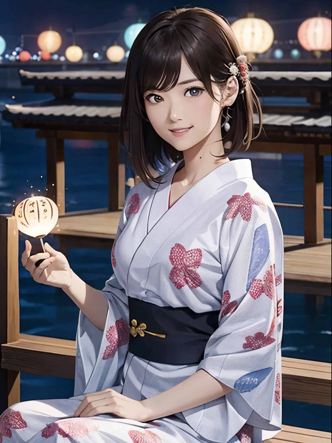 High resolution, 8k, Highest quality, detailed, Semi-realistic anime, Anime 3D Style, Smooth anime CG, One Girl, A 20-year-old Japanese woman, slim, Modeled, Shiny brown hair, detailedな顔, Beautiful and detailed, Glowing Skin, Hard Focus、Film Grain, Soft lighting, Looking at the audience, Laughter, (A woman wearing a traditional yukata and geta), Fireworks display in the night sky、People gathering along the river々bustle of