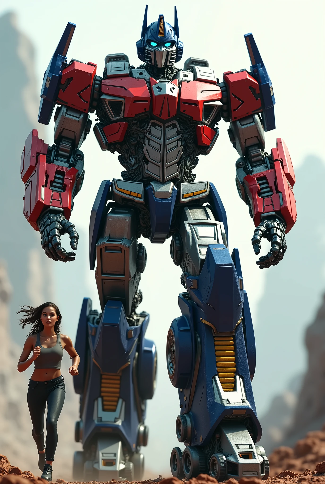 a highly detailed 3d render of Optimus Prime, a massive cybernetic robot with a futuristic mechanical body, standing next to a human woman, action pose running, hyper realistic, intricate details, cinematic lighting, glossy metallic finish, (best quality,4k,8k,highres,masterpiece:1.2),ultra-detailed,(realistic,photorealistic,photo-realistic:1.37),cinematic composition,dynamic movement,advanced materials,industrial design,science fiction,mech,robot,female character,action,running
