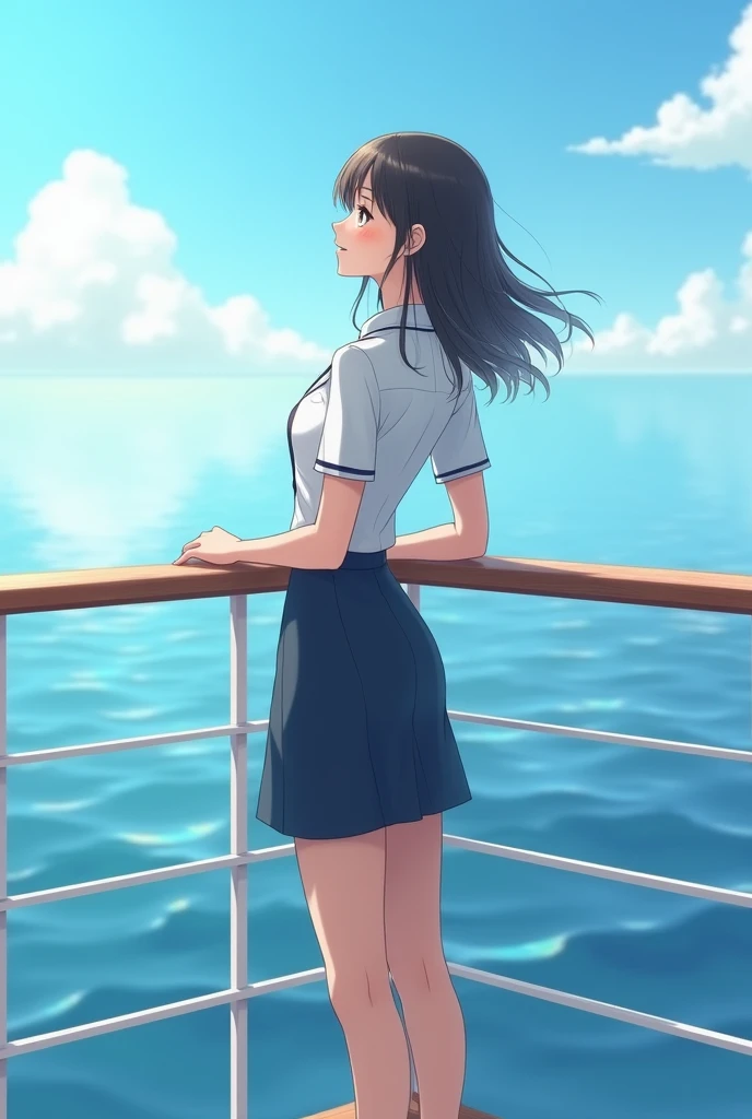 tourism girl in uniform having peace in cruise ship looking at sea