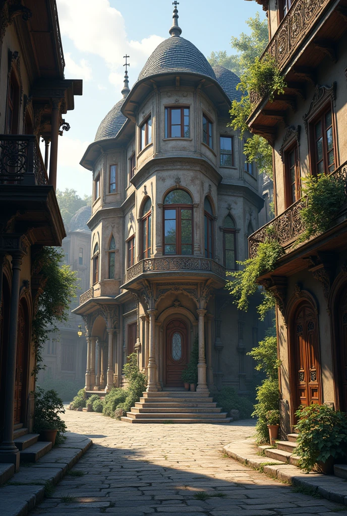 Image Prompt: An ancient city street with an old, imposing family mansion labeled "آئینہ حویلی" (Mirror Mansion) on a sign.